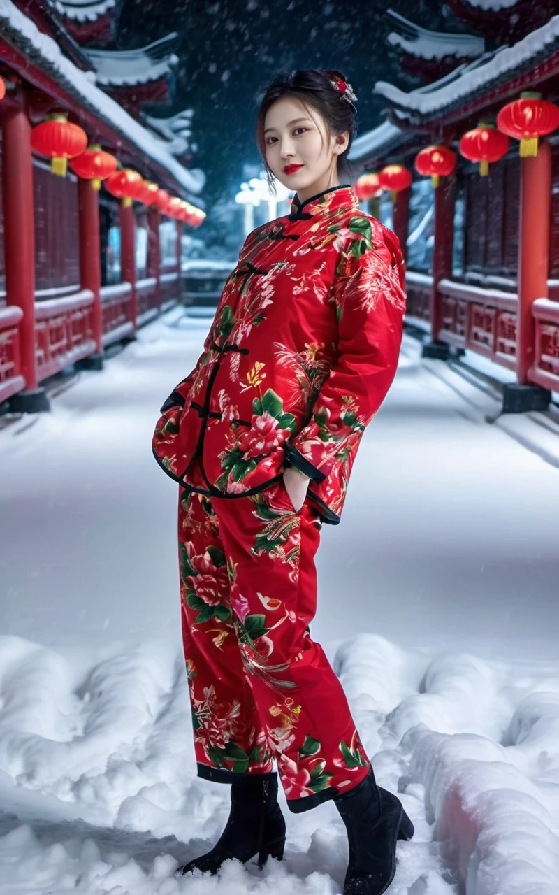 1girl,wearing a red printed cotton jacket and a pair of red printed pants,twintails,dongbeicoat,chinese dress,<lora:coat-03:0.65>,pointed patent leather high heels,flower,walking on snow outdoors,snow,snowing,night,spotlights,neon lights,light scattering,dark,ray tracing,deep shadow,depth of field,action pose,dynamic pose,looking at viewer, (red lipstick:1.2),happy,joy,glad,grin,slim body,long legs,sophisticated and professional lighting,wide angle,view from above,long shot,(perfect Anatomy:1.4)(ultra detailed skin, ultra detailed face,detailed eyes, detailed skin pores:1.2)8K, UHD, high definition photo(hyperdetailed:1.2)<lora:add-detail-xl:1>(best quality, masterpiece:1.2, photo realistic:1.4),highly detailed,ultra high res,8K,RAW,realistic shadow,(skin pores),detailed skin texture,film grain,natural shading,detailed background,professional light,