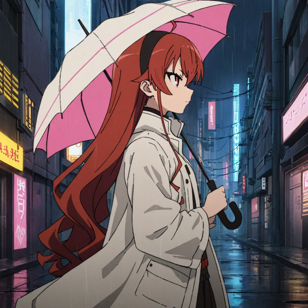 1 girl, eris, red hair, red eyes, black eyeliner, eris walking in cyberpunk city, bloom, best quality, neon lighting, nighttime, raining, raincoat, umbrella, from side, <lora:eris_greyrat-000007:0.7>, <lora:add-detail-xl:1.5>