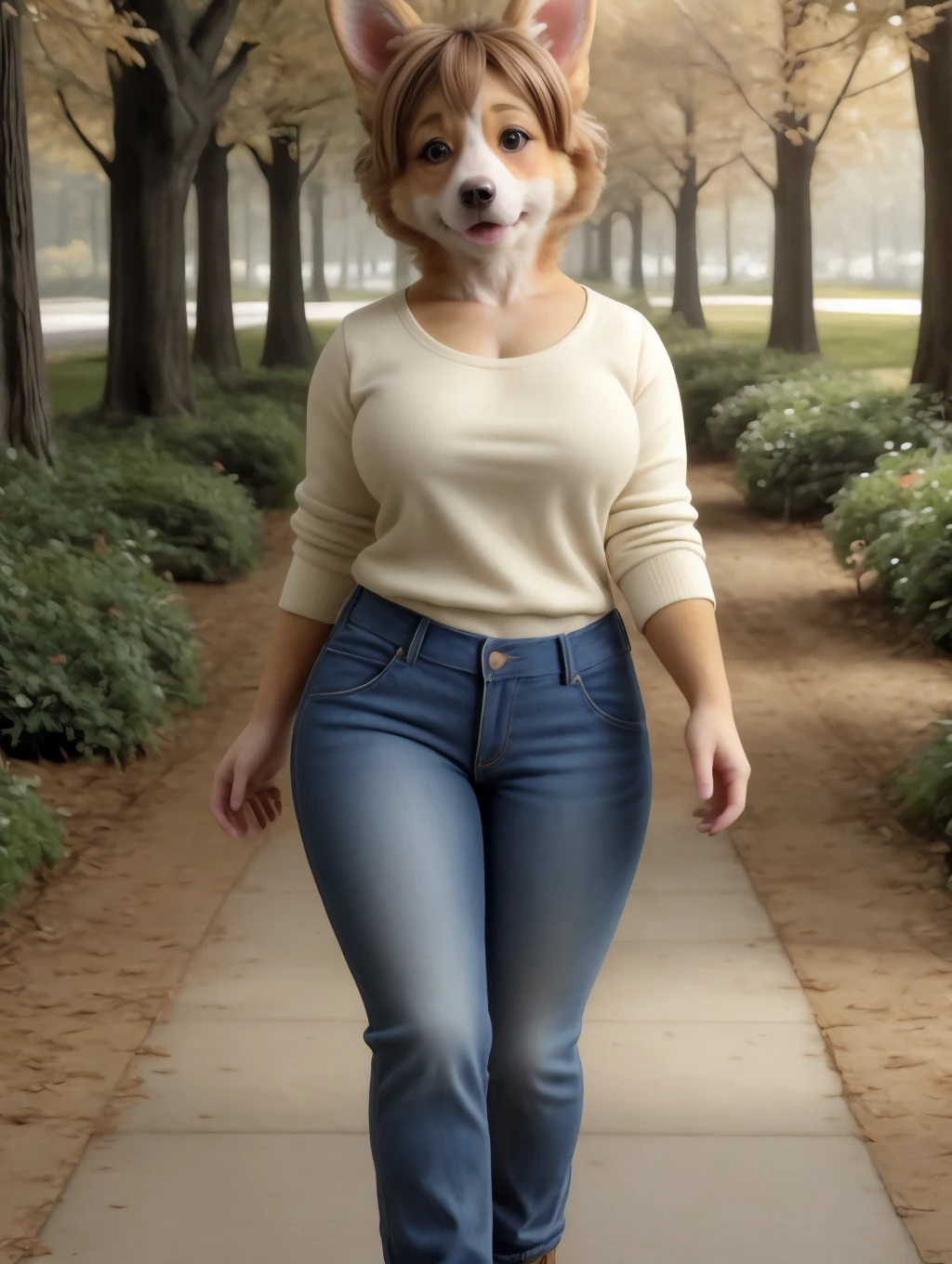 realistic, masterpiece, best quality, anthro Welsh Corgi, female, pretty feminine face, furry female, canine nost, medium breasts, sweatshirt and jeans, shoulder length brown hair, walking in the park, oak trees in fall, sidewalk, sunny day, <lora:MIO-Furry3RS:0.8>