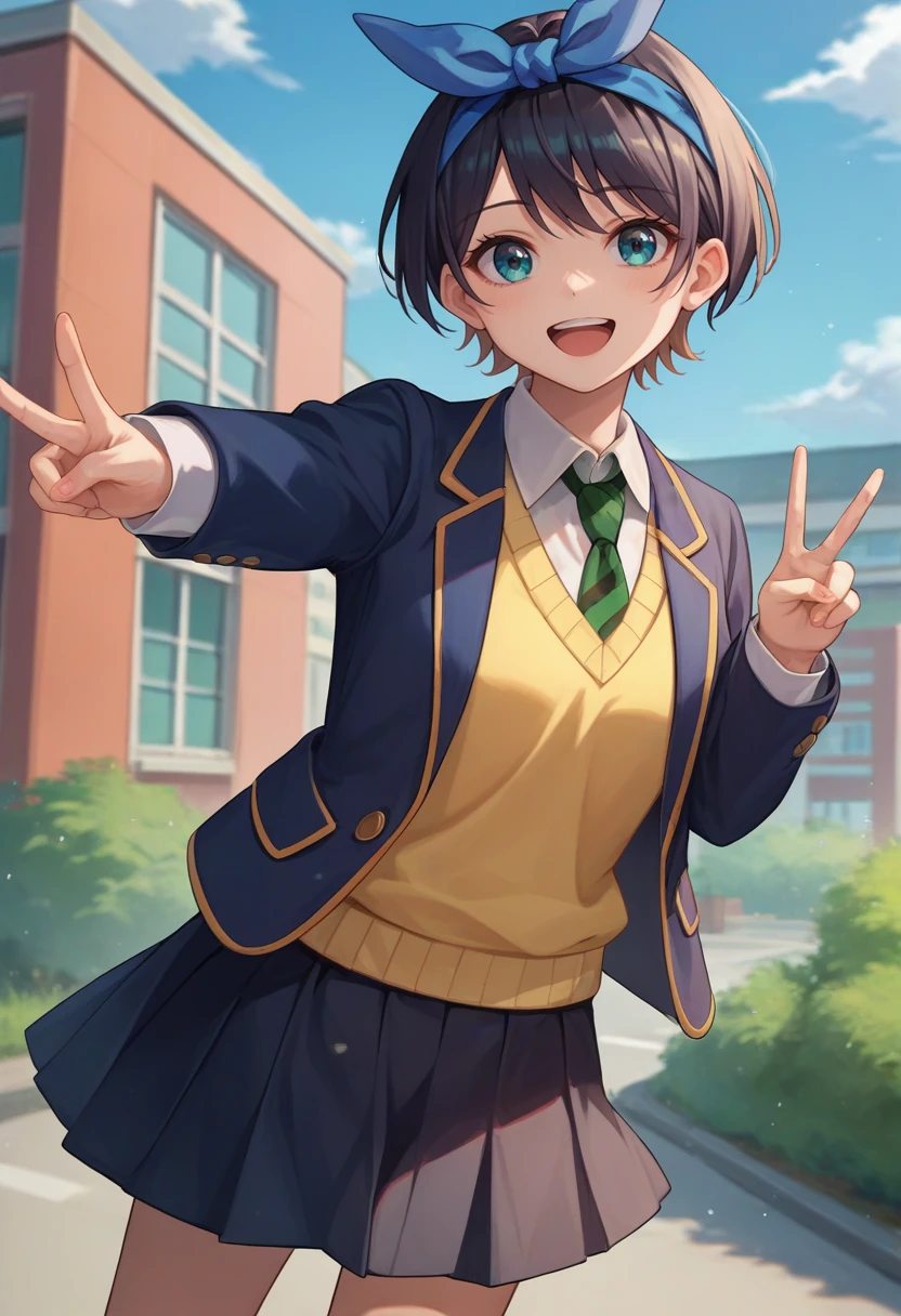 score_9, score_8_up, score_7_up, source_anime, solo, 1girl, sarashina ruka, happy, looking at viewer, v, blue hairband, school uniform, blue jacket, blazer, long sleeves, yellow sweater vest, green necktie, black skirt, outdoors <lora:rentagirlfriend_sarashina_ponyXL:1>