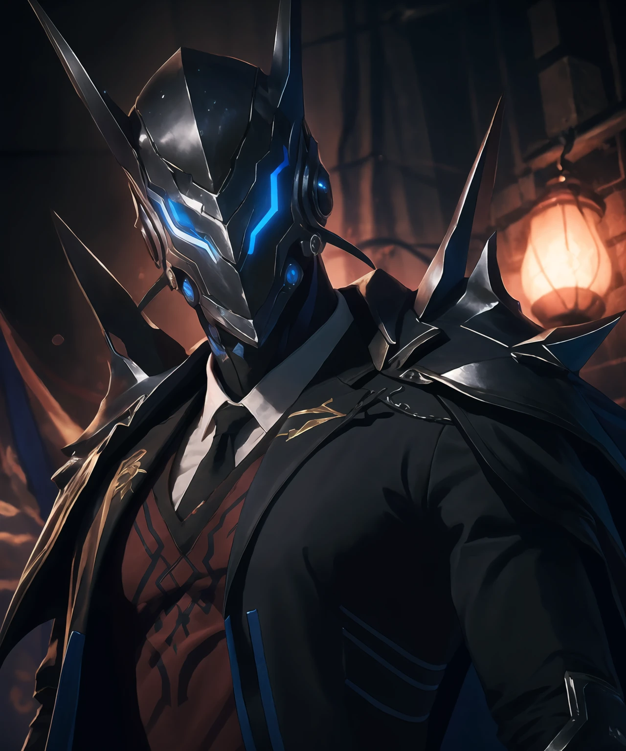 masterpiece,best quality,highres,cinematic lighting,dramatic angle,1boy,<lora:ShadowverseKyrzaelV5:0.8> ,helmet,circlet,black armor,white shirt,necktie,black suit,cape,looking at viewer,grasp,hand up,portrait,chain,depth of field,holding weapon,horns,spikes,holding gun