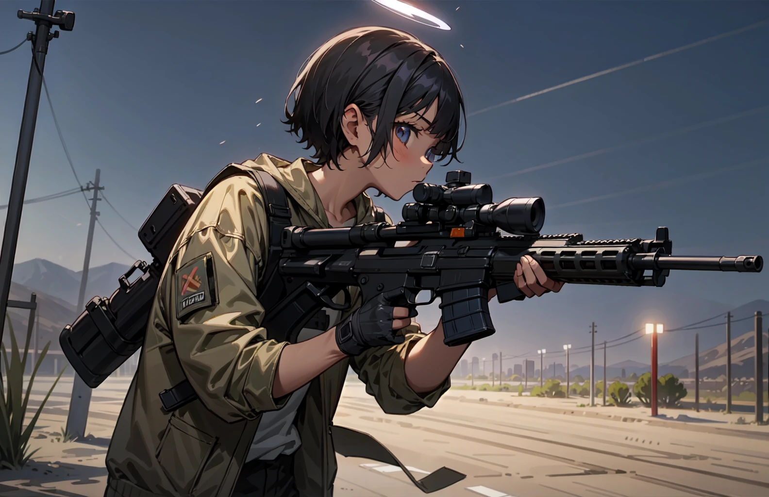 (masterpiece, best quality),1girl, solo, desert city background, outdoors, street wear clothing, short hair, night sky, cloud, black short hair , tanned skin, tanned face, wing, flying, glowing halo, depth of field, cinematic, looking at camera,(holding, holding_gun:1.0), from side,looking at viewer, (assault rifle, gun, machine gun, rifle, weapon:1.2,scope), (trigger_discipline:1.2), (aiming:1.3) <lora:9k GUN:0.3>
