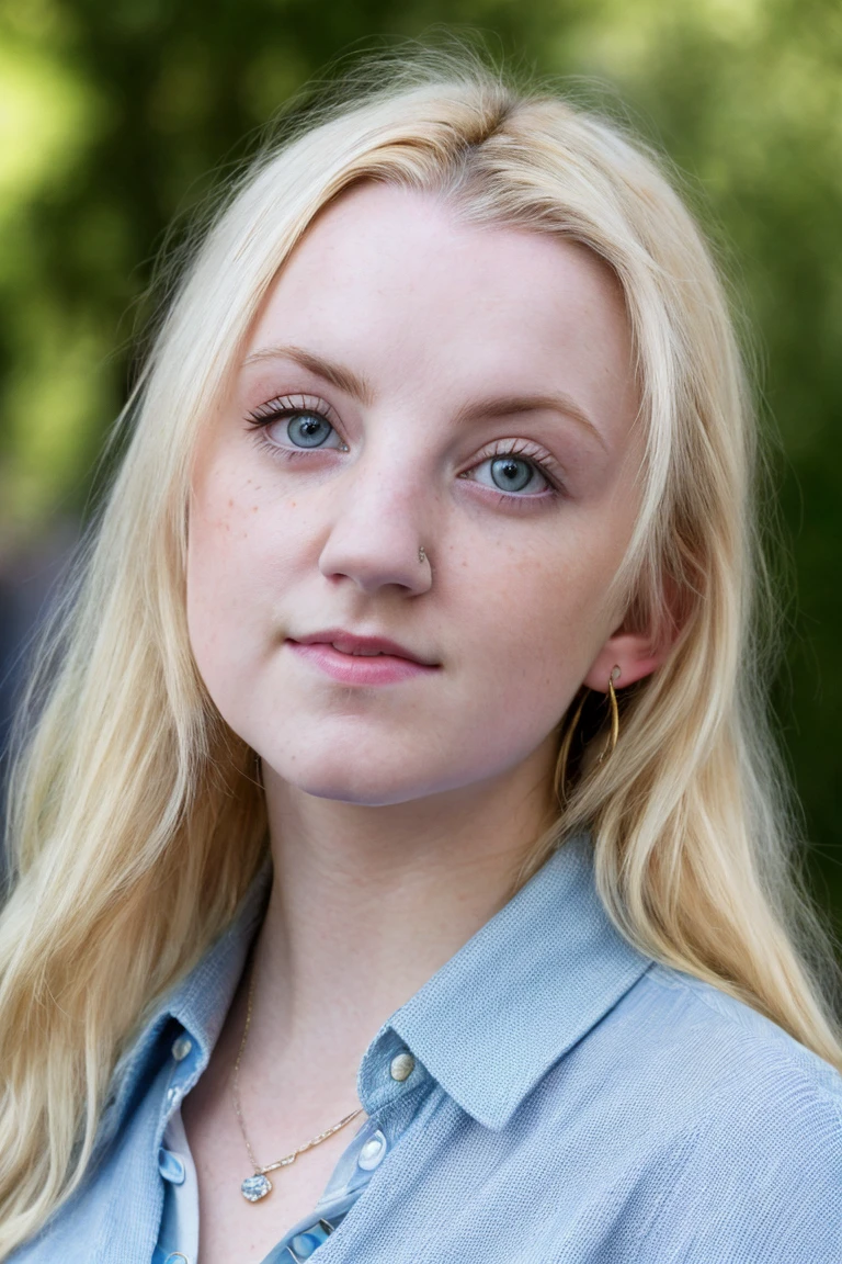 a picture of luna lovegood woman, blonde hair,detailed skin, surface scattering, bokeh, skin pores, city streets,wearing a blouse,outdoors, looking at viewer ,(subtle smile:0.5), blue eyes, <lora:luna lovegood v3:1>