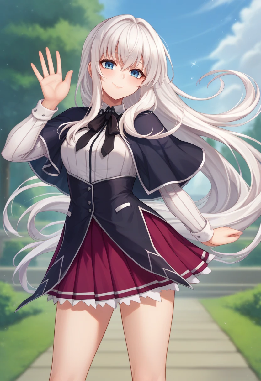 score_9, score_8_up, score_7_up, source_anime, solo, 1girl, smile, looking at viewer, standing, waving, long hair, white hair, blue eyes, kuohacademy, school uniform, black capelet, white shirt, black ribbon, neck ribbon, long sleeves, corset, red skirt, pleated skirt, outdoors <lora:attire_kuohacademy_ponyXL:1>