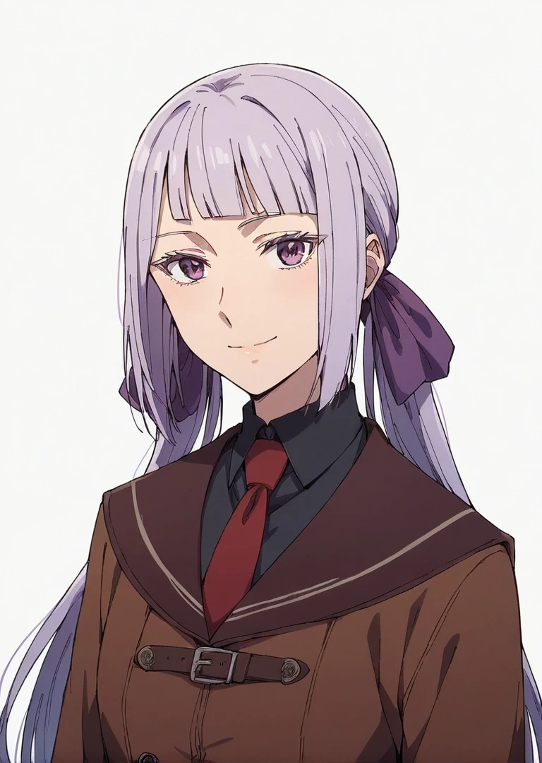 score_9, score_8_up, score_7_up, 1girl, Philomela, purple hair, blunt bangs, purple eyes, long hair, low twintails, hair ribbon, standing, brown coat, red necktie, black shirt, black skirt, looking at viewer, smile, simple background, white background,