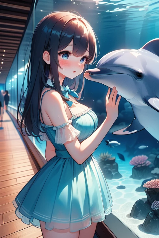 (((masterpiece, best quality, very aesthetic, absurdres))), ((public aquarium)), ((dolphin underwater)), ((look at each other)), ((glass)), dress, bow, reflection, wooden floor, solo, 1girl, ribbon, sweat, shy, blush, parted lips, pretty face, big tits, slim figure,<lora:girllikedolphinunderwater:0.9>