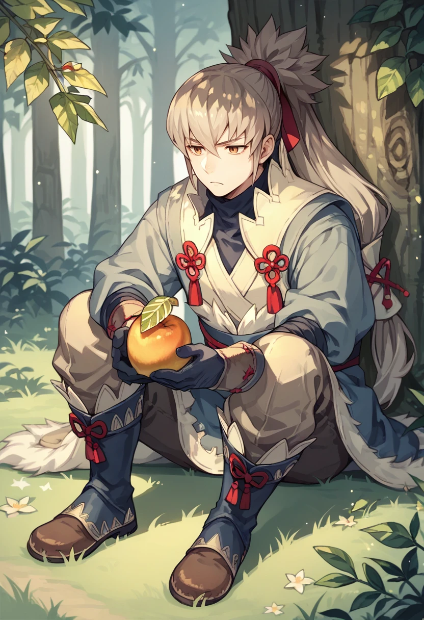 score_9, score_8_up, score_7_up, source_anime, 1boy, solo, sitting on ground, unamused, holding fruit, big pineapple, <lora:TakumiFE-pdxl:1> defTakumi, ponytail, long hair, gloves, fur trim, boots, forest