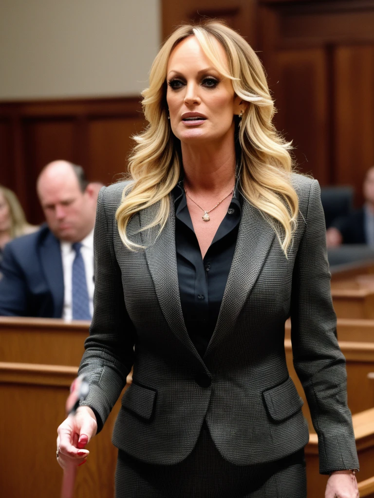 stormydanielsxl wearing a business suit, blouse, in a courtroom