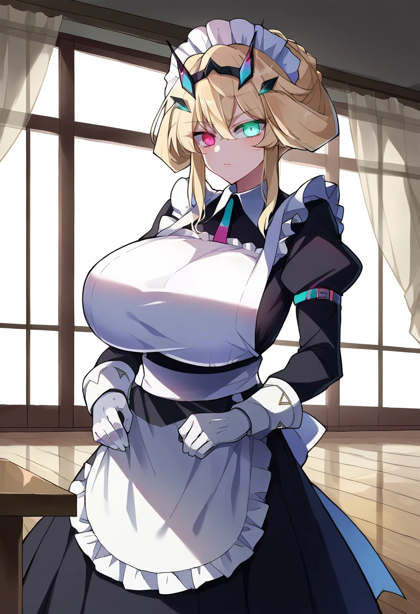 score_9, score_8_up, score_7_up, source_anime BREAK 1girl, solo, looking at viewer, cowboy shot,  <lora:Barghest_Sdxl:0.9>, Barghest_Maid, platinum blonde hair, twin braids, short hair, sidelocks, hair up, hair bun, heterochromia, glowing eyes, maid headdress, frilled dress, pleated dress, juliet sleeves, maid apron, collar, black skirt, long skirt, white gloves, huge breasts, curvy, indoors, vila, marble floor, glass table, day, window,    <lora:Akitokage-Style-PonyXL-000019:1>