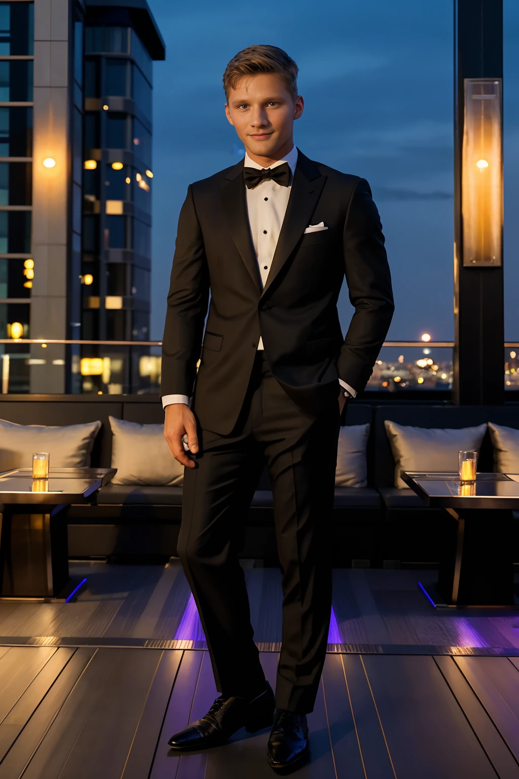 metropolitan city, rooftop bar lounge, dusk, sitting, slightly smiling, suave, ViggoSorensen, dressed in modern fashion formal suit, holding cocktail glass, (((full body portrait))), wide angle  <lora:ViggoSorensen:0.8>