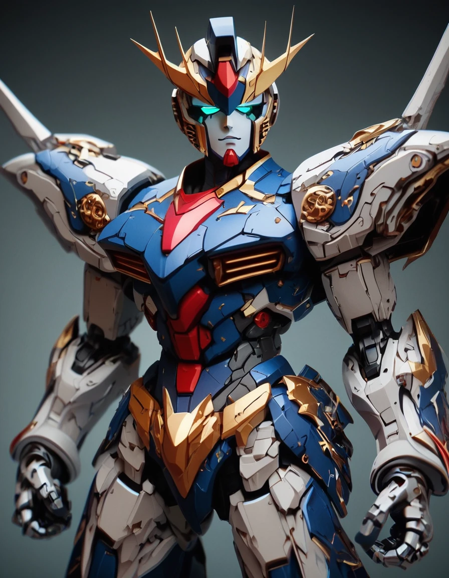 gunpla, score_9, score_8_up, score_7_up, score_6_up, score_5_up, 3d render, ((masterpiece)), digital anime, Gundam, painted like (Jason Momoa:0.8), glossy metal, shining metal, mechanical face,  ruined city background