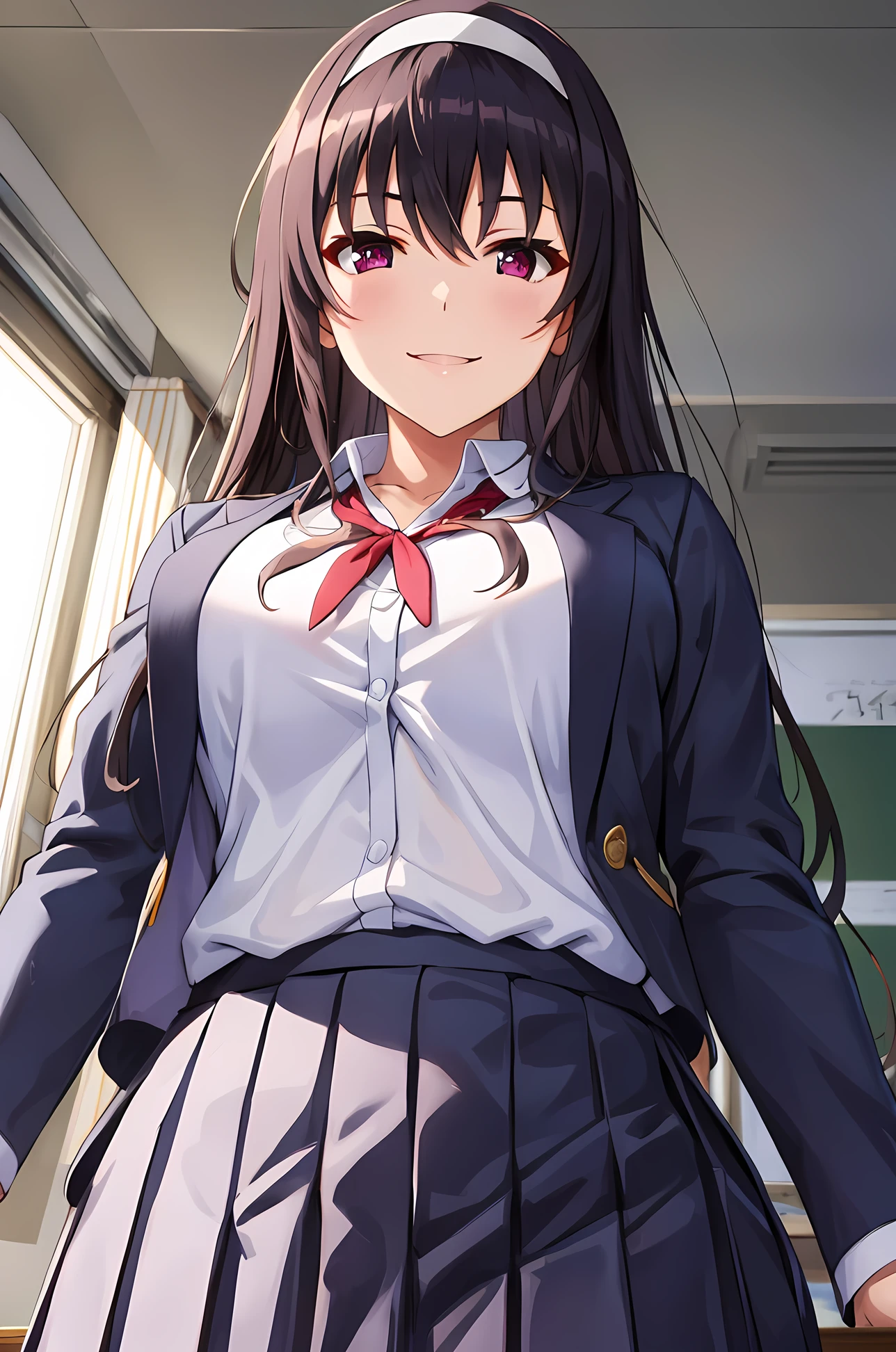 (masterpiece,hires), (2.5D:0.2), attractive woman, 1girl, , kasumigaoka utaha, long hair, school uniform, blue jacket, white shirt, pleated skirt, white hairband,   (from below, (disgusted, sadastic smile), looking at viewer, )natural lighitng,   <lora:me_utaha_ka-08:0.7>