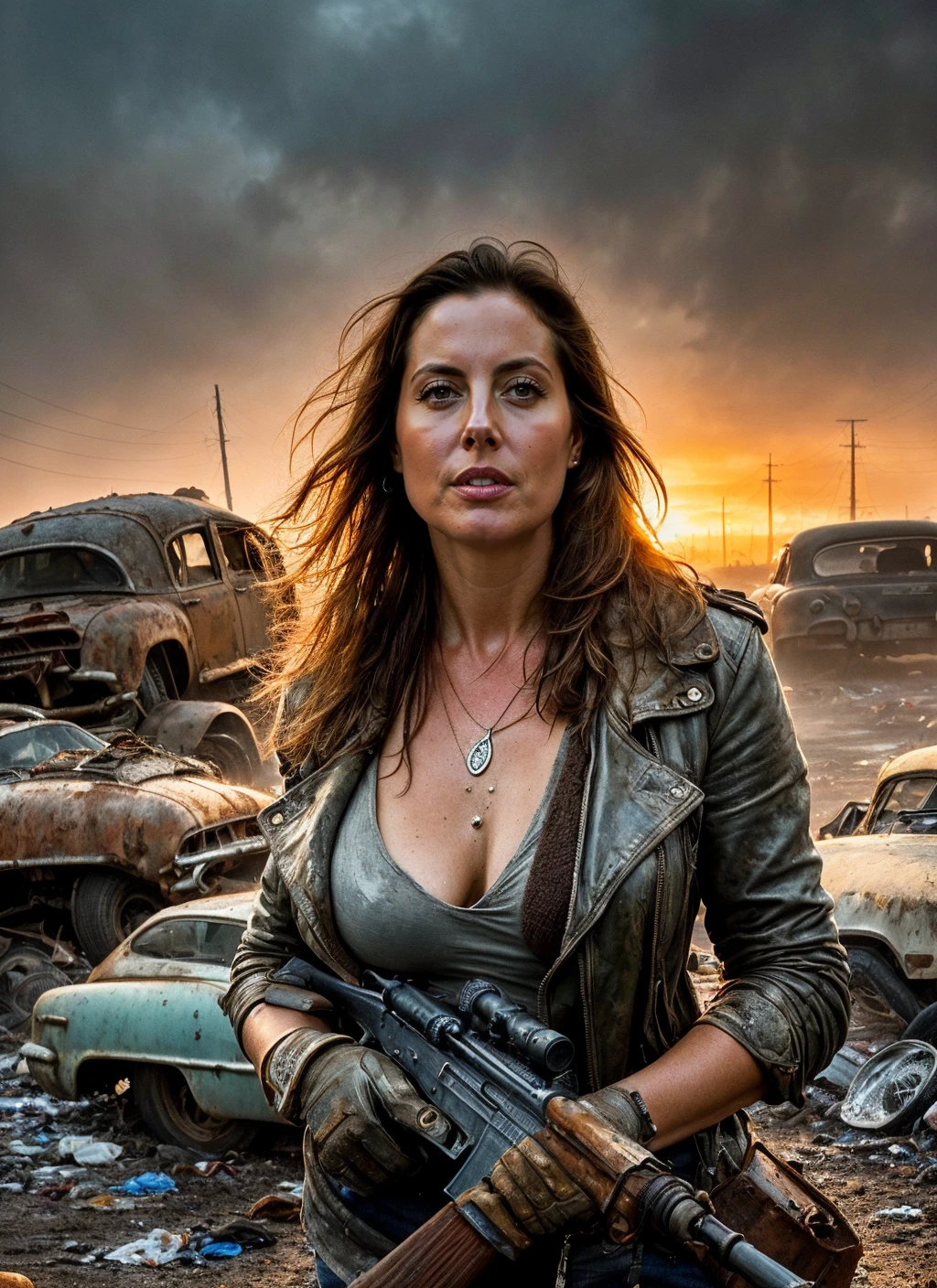 photo of sks woman, natural lighting, <lora:add_detail:0.35>, close up portrait RAW photo of sks woman, inspired by fallout, rugged clothing, Mad Max and Waterworld, detailed face, post apocalyptic atmosphere in 1930', an sks woman in rugged power armor holding a rifle with both hands, ((junkyard)), (debris), ((trash)), ((junk)), (((cars))) fill up the streets, rust, corrosion, sense of scale, sublime beauty of the grandiose environment, epic, cinematic composition, volumetric lighting, defined lines, blurred background, saturated colors, strong bloom, ((photorealistic)) , Intricate, High Detail, Sharp focus, dramatic, by greg rutkowski, realism, beautiful and detailed lighting, shadows, <lora:locon_evaamurri_v1_from_v1_64_32:1>
