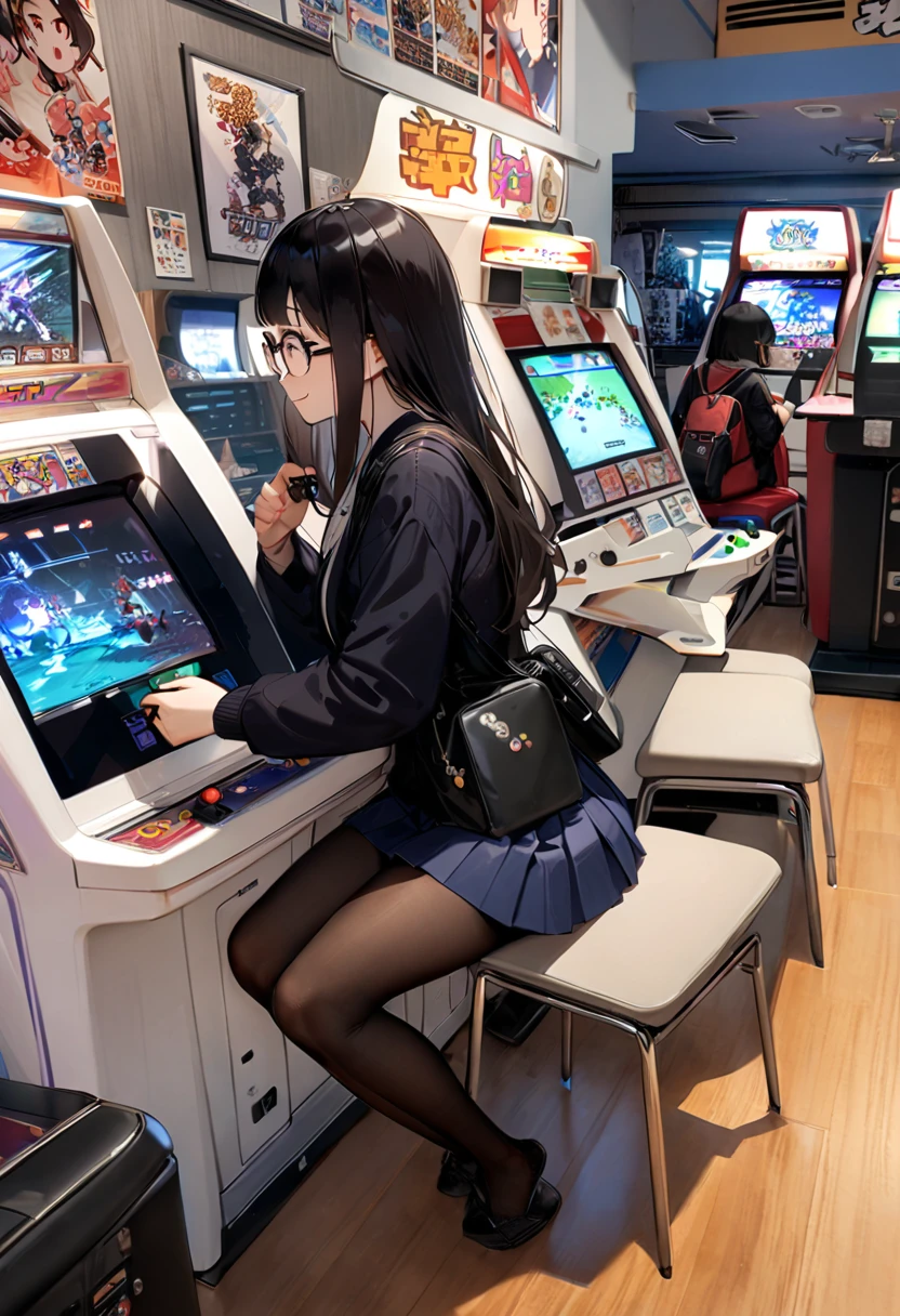 masterpiece, best quality, very aesthetic, absurdres,
1girl, solo, glasses, black hair, long hair, navy jacket, navy pleated skirt, pantyhose, black bag, smile, sitting, solo focus, from side, playing games, 
game_center, scenery, japan, arcade cabinet, scenery, chair, poster (object), 
<lora:game_center_SDXL_V1:1>