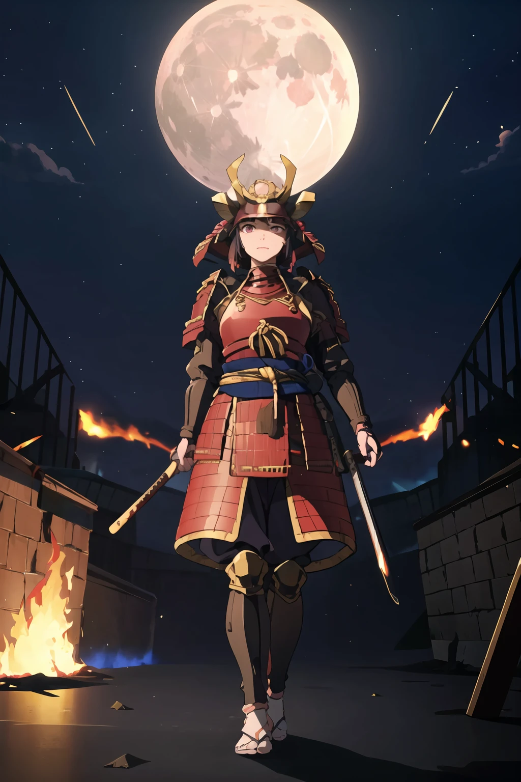 best quality, masterpieces,
1girl, face, stare eyes,
samurai armor, black samurai, samurai helmet, huge gold and black horns on helmet,
midnight, dark sky, moon, background on fire, dark theme, standing in front of devastated houses, ruins background,
heavy shadow, soft focus, soft lighting, subsurface scattering,
<lora:hina_samurai_armor_v14:0.7>
<lora:hinaLovelyGirlLycoris_v10:0.4>