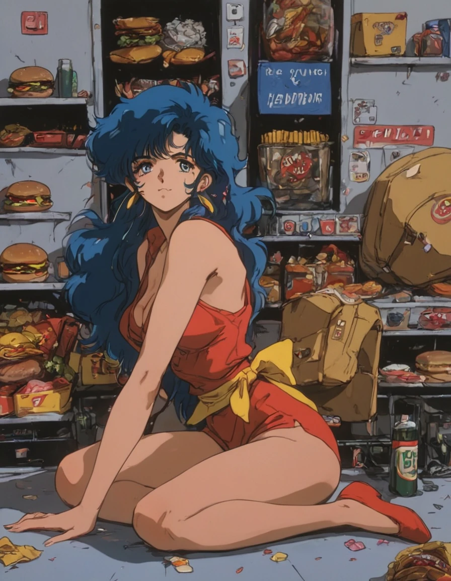 score_9, score_8_up, score_7_up, 
<lora:AniZi_v5:0.85>, 1980s_\(style\), 1girl, full body, blue_hair, dated, earrings, female character, jewelry, long_hair, retro_artstyle, illustration, (manga:1.2), (in form shape of burger costume)