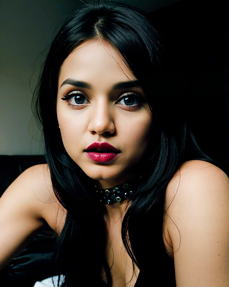 Chz-SummerB, 8k, Wanna be creepy and sad with me?, close-up RAW photo of 1girl as a goth kid, (wearing heavy emo makeup:1.3), blood-red-lips, midnight-black-eyeliner, (flirtatious smile), punk-rock-haircut, goth girlz rule, emo 4 life, simple background, (meticulously-detailed, Ultra-HD-realistic:1.3), (perfect eyes, masterpiece, best quality:1.5),
