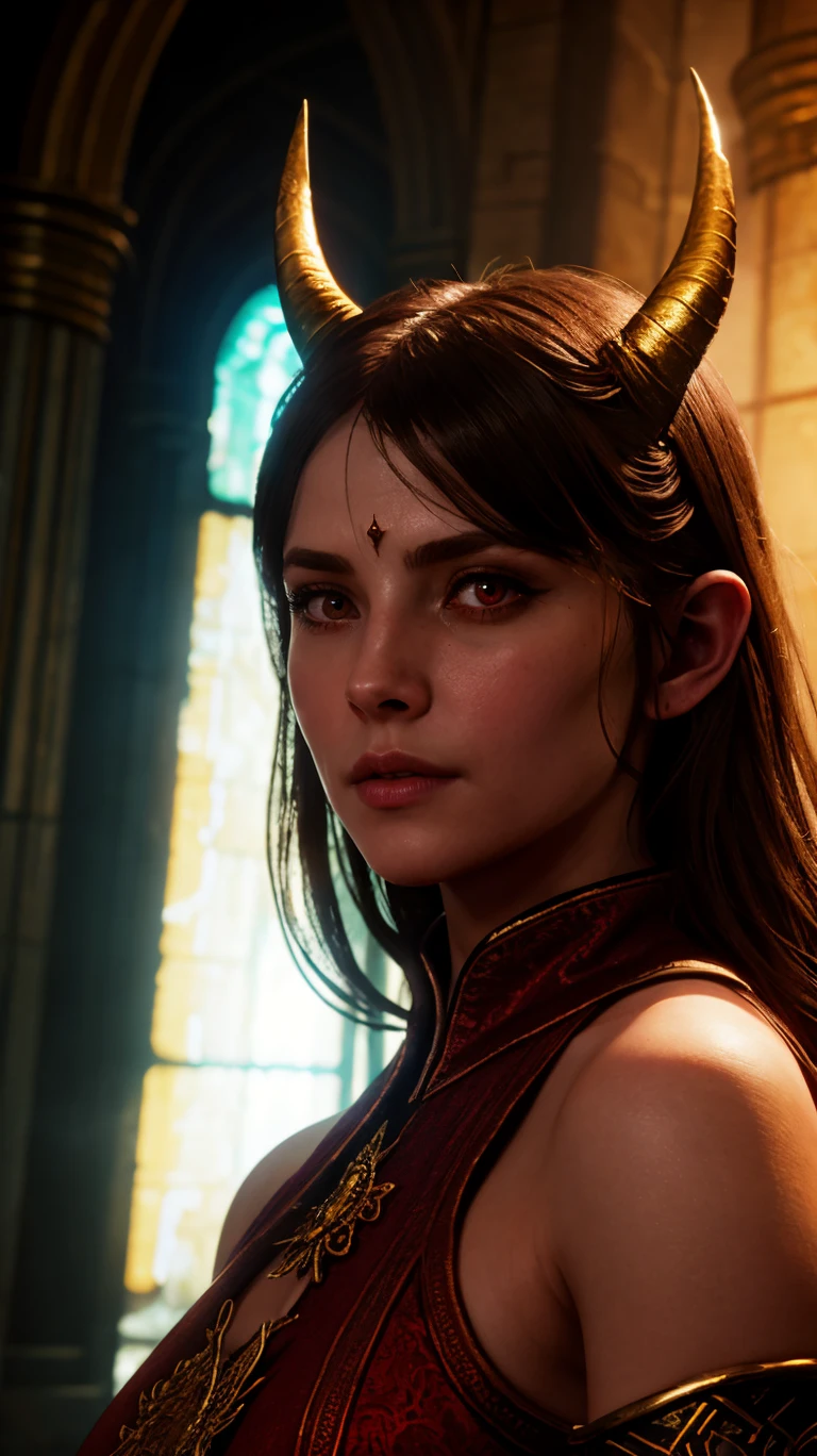 1girl, portrait of priestess of light, close-up, light aura,
40 years old, charismatic,huge demon horns, glowing red eyes,
dress, godly aura,diadem,
indoors, inside sacred temple,
BREAK
 (bg3:1.2), eldenring style,
 <lora:woafu_rpgstyle:0.8>