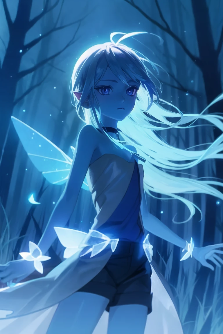 masterpiece,best quality,(cowboy shot:1.3),(blue hair),(blue gradient hair),bare skin,fairy,(transparent fairy wings),blue skin,pixie ears,(in the enchanted forest:1.3),(blue neon trees),(night),(neon fireflies),glowing dust,white particles in the air,
