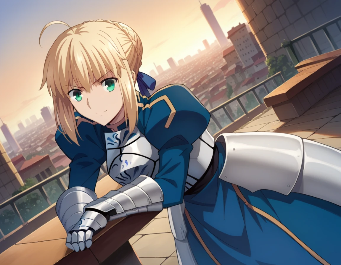 score_9, score_8_up, score_7_up, source_anime,
artoriapendragon, <lora:artoria-pendragon-hf-ponyxl-lora-nochekaiser:1>,
artoria pendragon, artoria pendragon \(fate\), saber, blonde hair, green eyes, ahoge, sidelocks,
hair bun, single hair bun, braid, dress, ribbon, hair ribbon, armor, gauntlets, armored dress,
outdoors, cityscape, bent over, smile,
looking at viewer, dutch angle,