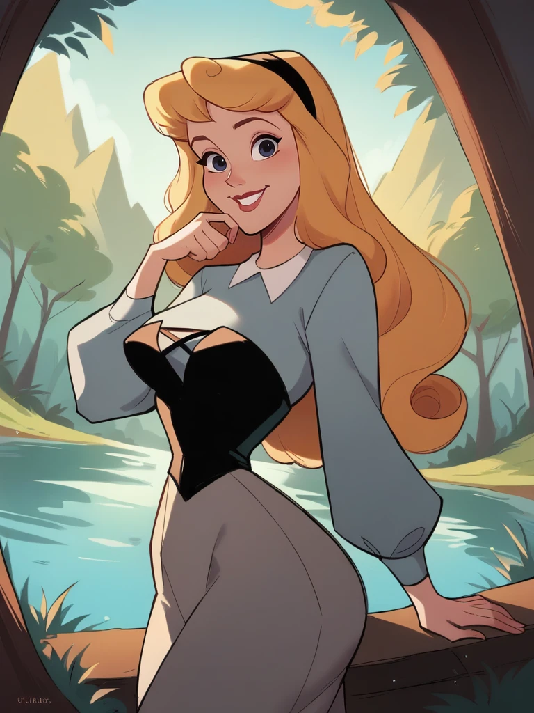 score_9, score_8_up, score_7_up, score_6_up, AuroraXLP, grey dress, black corset, black hairband, long sleeves, purple eyes, sexually suggestive, nsfw, medium breasts, narrow waist, wide hips, thick thighs, looking at viewer, cowboy shot, cartoon, dynamic pose, smile, cute, wide shot, solo, chinese temple, forest, lake, magic vibe, disney, dutch angle, from side,
<lora:AuroraXLP_character:1>