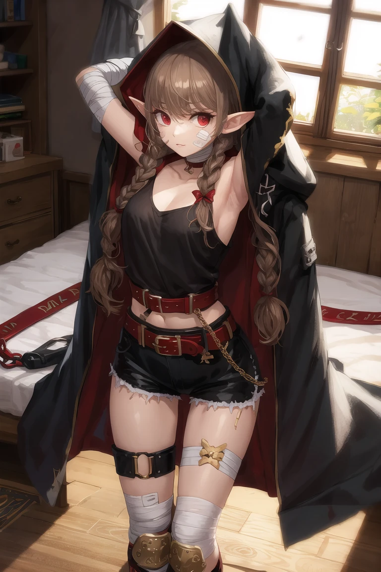 masterpiece,best quality,iggy1,background,bed sheet,windows,sun light through windows,standing,lying,arms up,armpits, <lora:iggy1-000018:0.6>,red eyes,long hair,pointy ears,brown hair,gloves,hood,bandaid,shorts,cloak,belt,bandaid on leg,bandaid on face,knee pads,hood up,twin braids,coat,chain,bandages,twintails,collarbone,bangs,candy,black shirt,