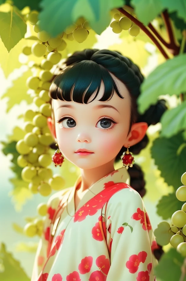 child, child-HXZ, Hanfu, 1girl, solo, earrings, jewelry, fruit, black hair, looking at viewer, food, blurry, leaf, lips, realistic, black eyes, sunlight
 <lora:Fruit Story-HXZ:0.75>