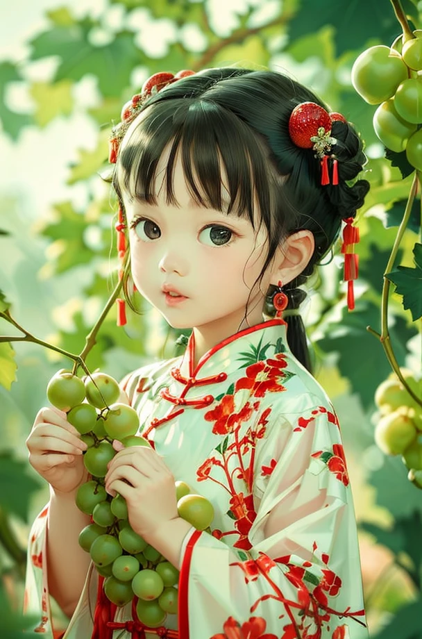 , child Hanfu, 1girl, solo, chinese clothes, black hair, hair ornament, earrings, looking at viewer, jewelry, black eyes, blurry, holding, upper body, fruit, food, lips
 <lora:Fruit Story-HXZ:0.75>