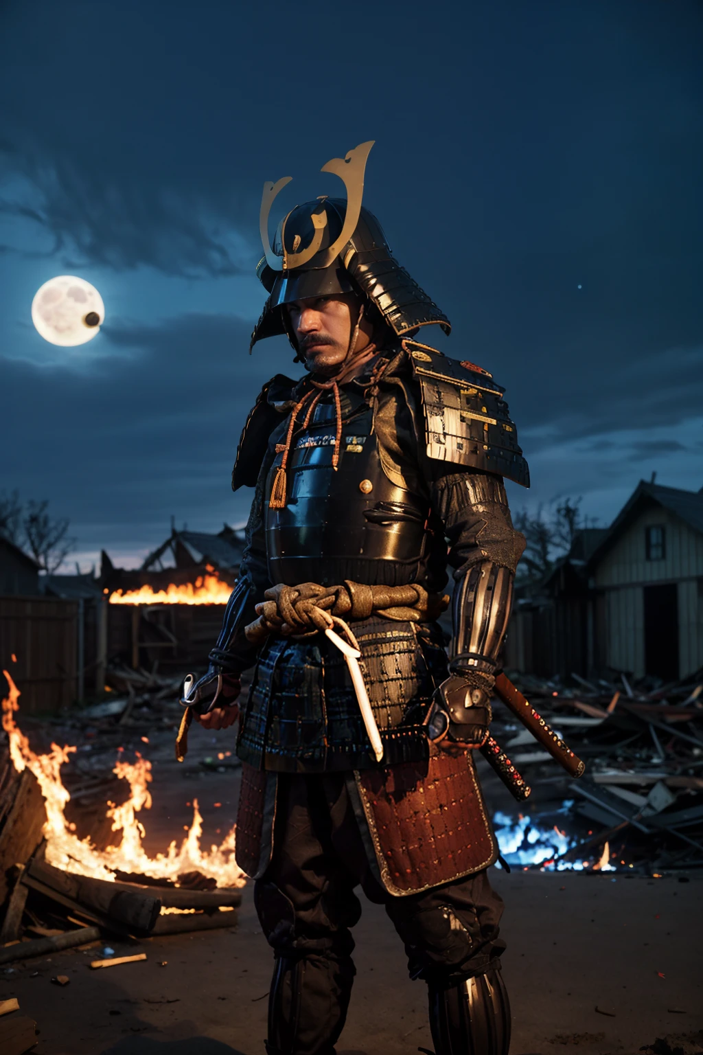 best quality, masterpieces,
a man, angry face, stare eyes, (pov),
samurai armor, black samurai, black samurai helmet, symbol on helmet,
midnight, dark sky, moon, background on fire, dark theme, standing in front of devastated houses, ruins background,
heavy shadow, film photography, soft focus, detailed skin, matte skin, soft lighting, subsurface scattering, realistic,
<lora:hina_samurai_armor_v14:0.7>