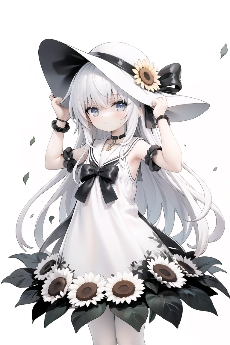 (masterpiece),best quality,1girl,lineart,monochrome,hat,flower,greyscale,sunflower,solo,long hair,dress,looking at viewer,straw hat,jewelry,petals,hand on headwear,holding,bracelet,transparent background,ribbon,sailor dress,holding flower,sailor collar,choker,bangs,very long hair,necklace,closed mouth,sleeveless,sun hat,bouquet,