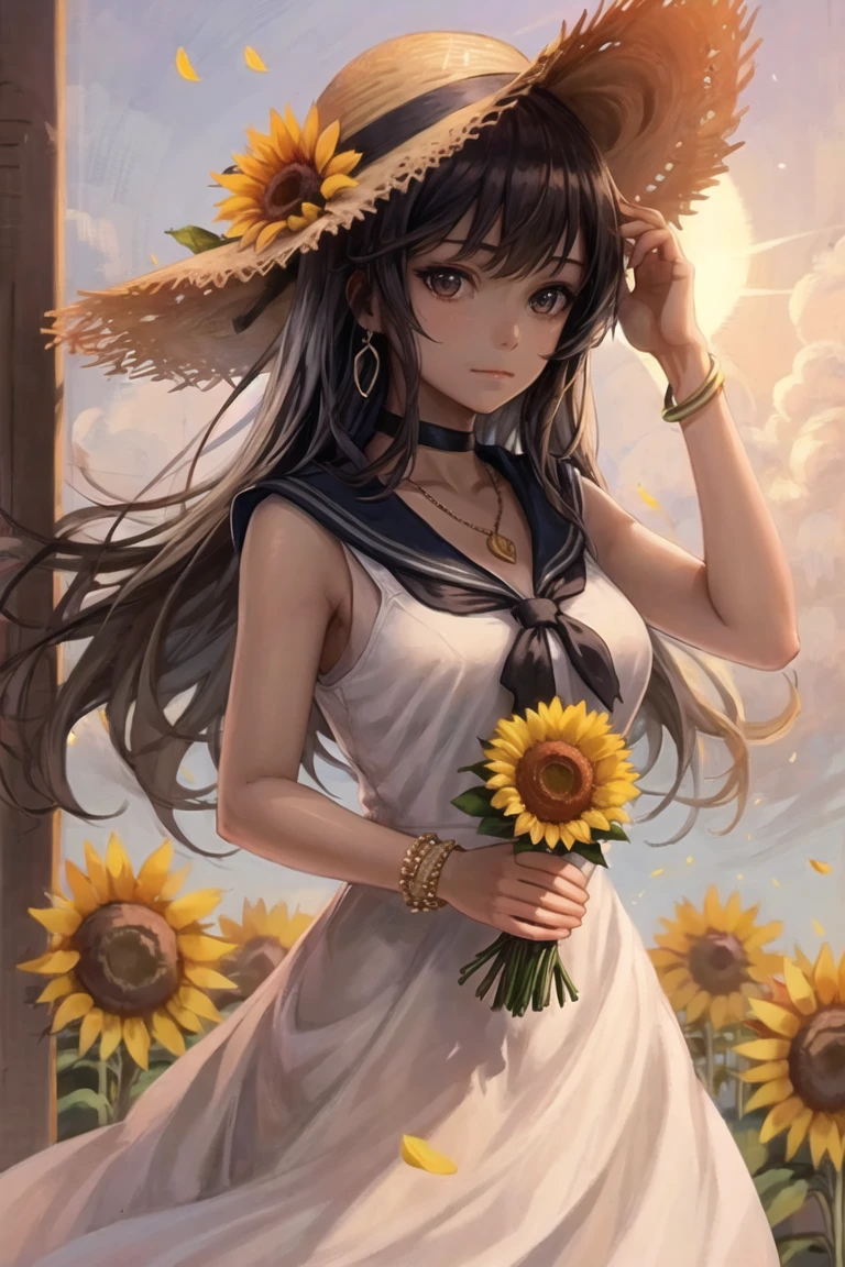 (masterpiece),best quality,1girl,hat,flower,sunflower,solo,long hair,dress,looking at viewer,straw hat,jewelry,petals,hand on headwear,holding,bracelet,ribbon,sailor dress,holding flower,sailor collar,choker,bangs,very long hair,necklace,closed mouth,sleeveless,sun hat,bouquet,