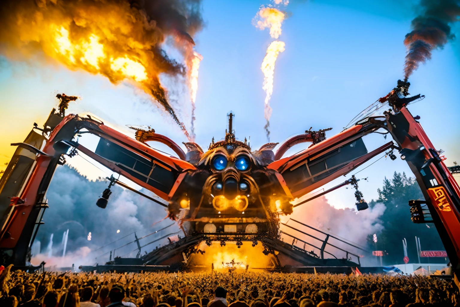 electronic music festival,<lora:electronic music festival:0.9>,best qualtiy,masterpiece,movie-level quality,battle,magnificent_architecture,flame,explosion,mecha,