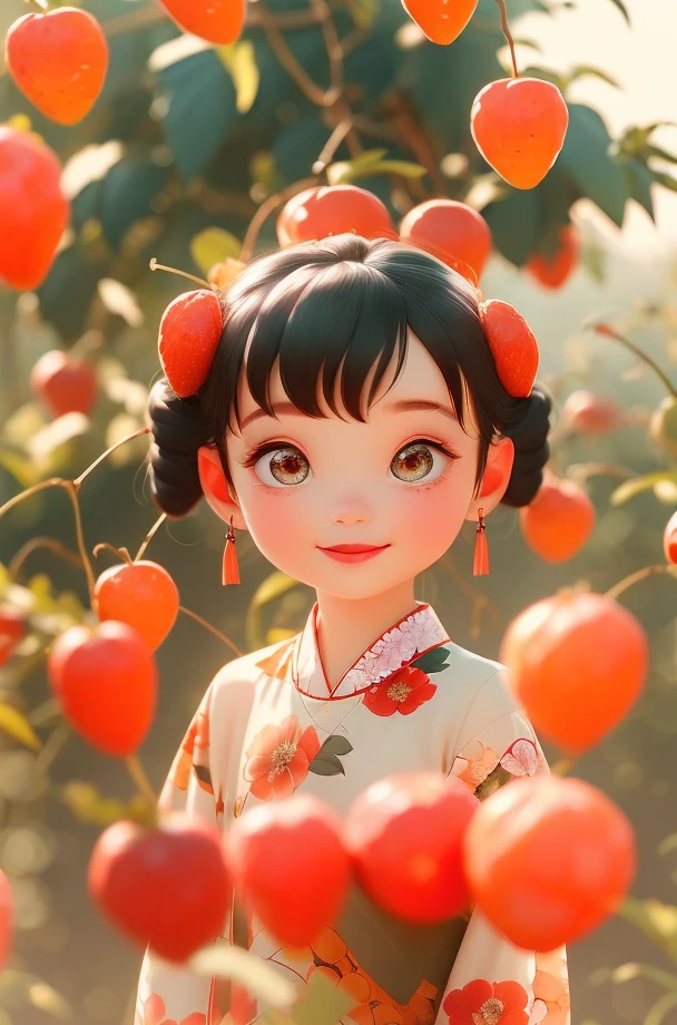 child, child-HXZ, Hanfu, 1girl, solo, japanese clothes, black hair, looking at viewer, blurry, red lips, branch, parted lips, floral print, depth of field, fruit, upper body, flower, blurry background, smileï¼
 <lora:Fruit Story-HXZ:0.75>