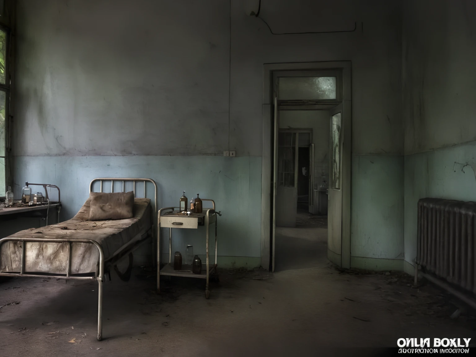 <lora:JJsAbandonedHospital_XL:1>,   ((Abandoned Hospital)), ((masterpiece)), ((best quality)), scenery, indoor, real world location, table, chair,  realistic, dramatic lighting, high detailed, center composition,  door, window, horror, bed, hall way, vine, lamp, desk, bottle, building, curtain,box,scenery,desk,bookshelf,cardboard box, sink,faucet, sky,tree,fog, mirror,