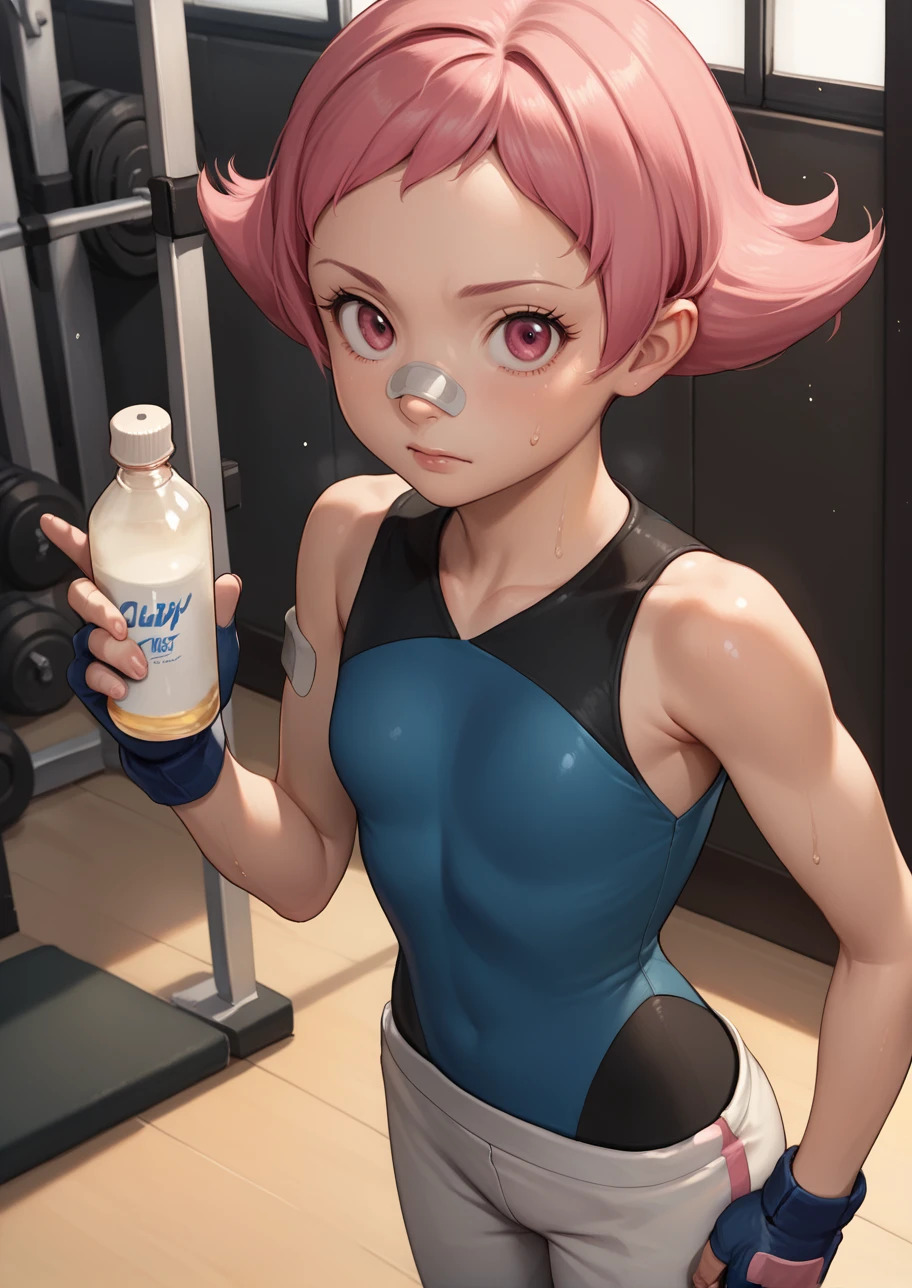 score_9,score_8_up,score_7_up,score_6_up,source anime BREAK, solo,
indoors, gym, looking at viewer, sweat, bottle, towel, 
1girl, maylene (pokemon), pink eyes, pink hair, small breasts, short hair, eyelashes, pointy hair,
white pants, blue gloves, bandaid on nose, bandaid, bandaid on arm, bodysuit, fingerless gloves, spandex, sleeveless,
<lora:maylene_v1_0:1>