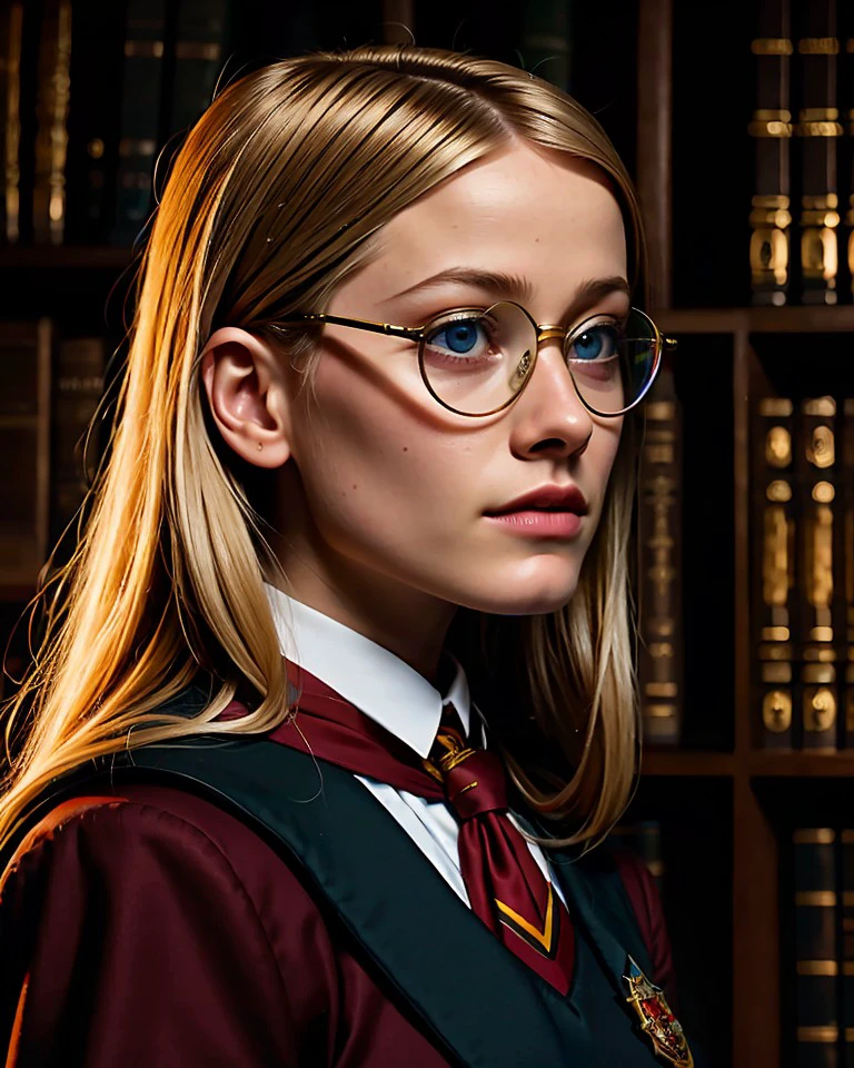 Chz-OliviaTD, 8k, close-up RAW photo of 1girl as a real-life student wizard, (wearing Hogwarts Academy uniforms:1.3), glasses, finishing a ritual summoning in an old library, (meticulously-detailed, Ultra-HD-realistic:1.3), (perfect eyes, masterpiece, best quality:1.5),