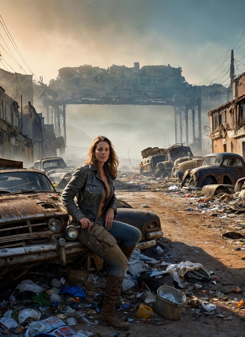 photo of sks woman, natural lighting, <lora:add_detail:0.35>, close up portrait RAW photo of sks woman, inspired by fallout, rugged clothing, Mad Max and Waterworld, detailed face, post apocalyptic atmosphere in 1930', an sks woman in rugged power armor holding a rifle with both hands, ((junkyard)), (debris), ((trash)), ((junk)), (((cars))) fill up the streets, rust, corrosion, sense of scale, sublime beauty of the grandiose environment, epic, cinematic composition, volumetric lighting, defined lines, blurred background, saturated colors, strong bloom, ((photorealistic)) , Intricate, High Detail, Sharp focus, dramatic, by greg rutkowski, realism, beautiful and detailed lighting, shadows, <lora:locon_evaamurri_v1_from_v1_64_32:1>