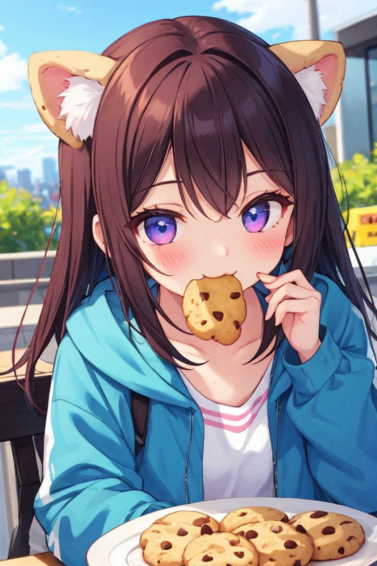 <lora:inmouth:0.7> 1girl ,cookie in mouth,object in mouth, :3,city,fake ears,