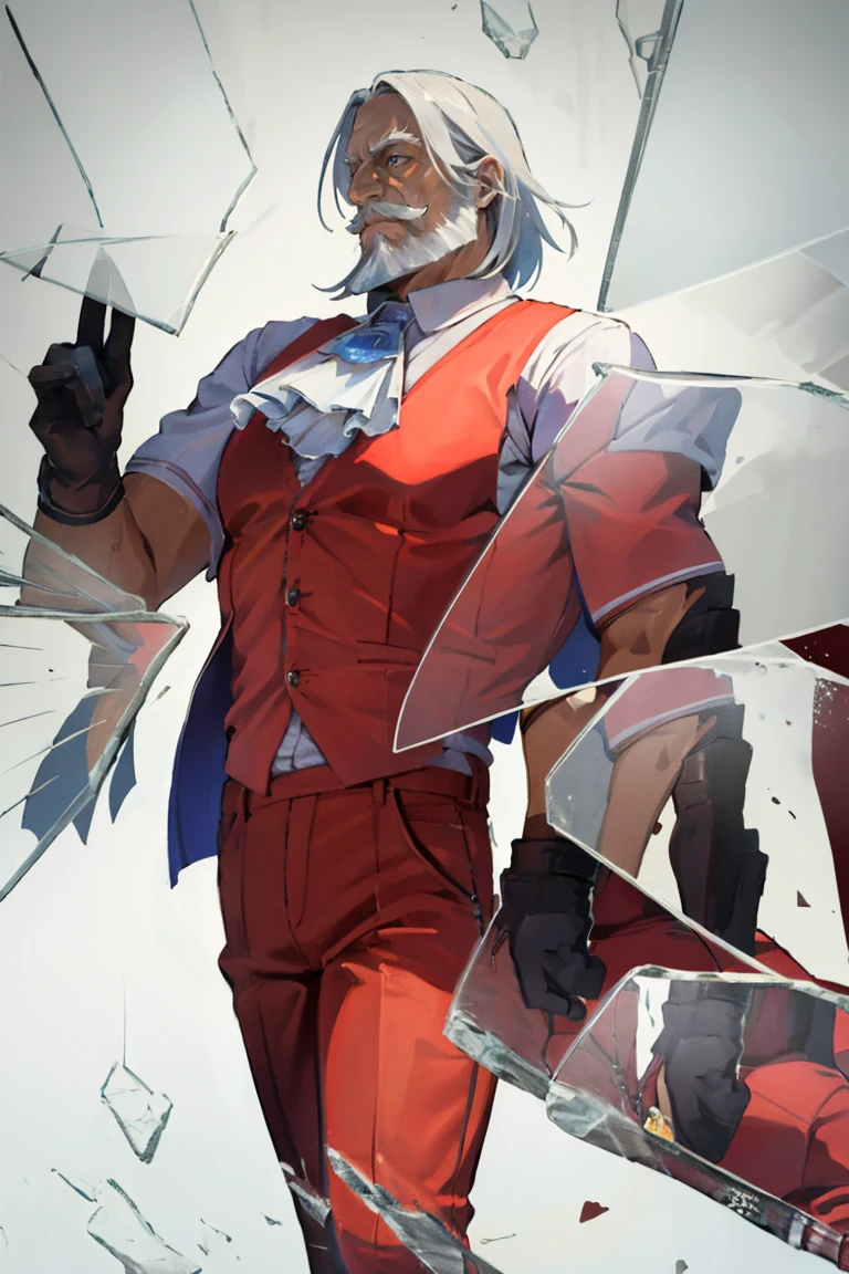 masterpiece, best quality, absurdres, 1boy, solo, RegalBuisnessman, blue eyes, old man, mustache, beard, medium hair, straight hair, ascot, white shirt, short sleeves, red vest, red pants, black gloves, IncrsBrknGls, broken glass, reflection, <lora:CHAR-RegalBuisnessman:1>, <lora:BrokenGlass:0.8>