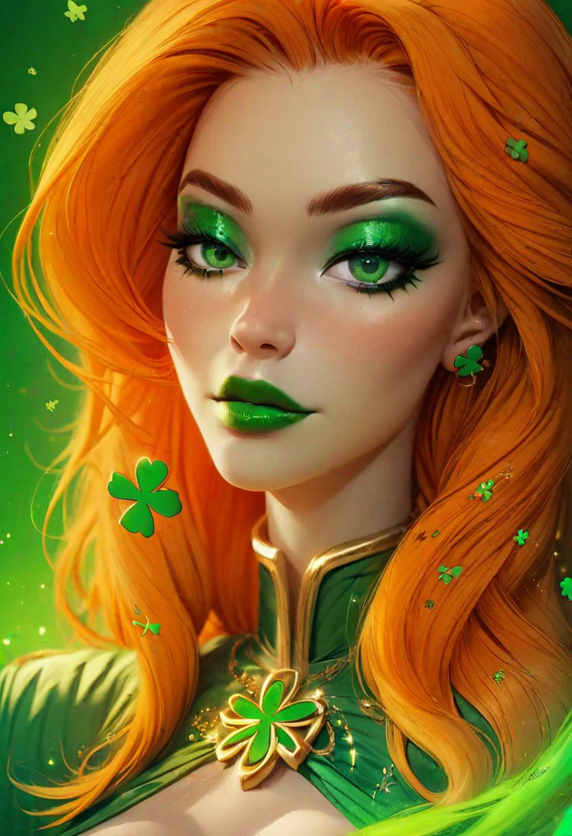 score_9, score_8_up, score_8, medium breasts, (ultra realistic,32k, masterpiece:1.2),(high detailed skin:1.1),( high quality:1.1), (curvy),
ShamrockWorld, clover, four-leaf clover, light particles, 1girl, solo, long hair, looking at viewer, jewelry, green eyes, orange hair, fingernails, makeup, ring, green lipstick, portrait, eyeshadow, spot color, green nails, green theme,