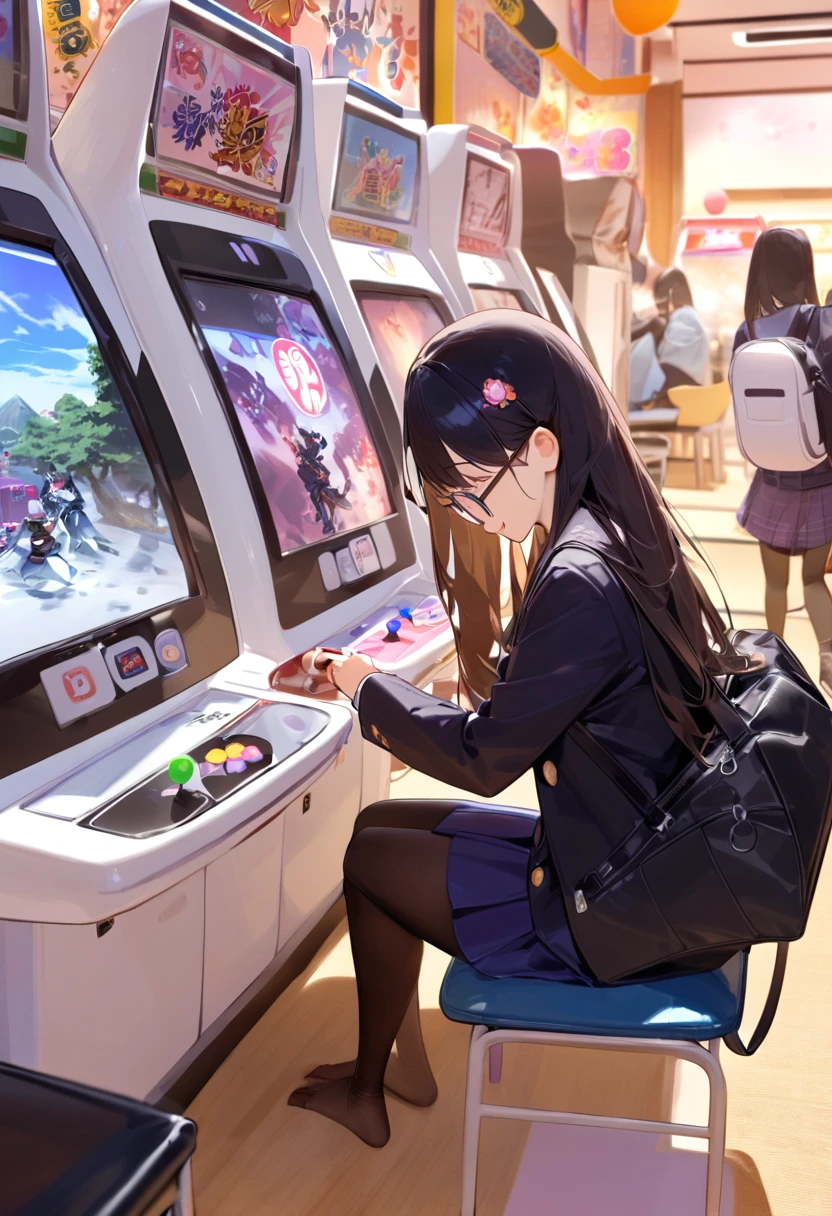 masterpiece, best quality, very aesthetic, absurdres,
1girl, solo, glasses, black hair, long hair, navy jacket, navy pleated skirt, pantyhose, black bag, smile, sitting, solo focus, from side, playing games, 
game_center, scenery, japan, arcade cabinet, scenery, chair, poster (object), 
<lora:game_center_SDXL_V1:1>