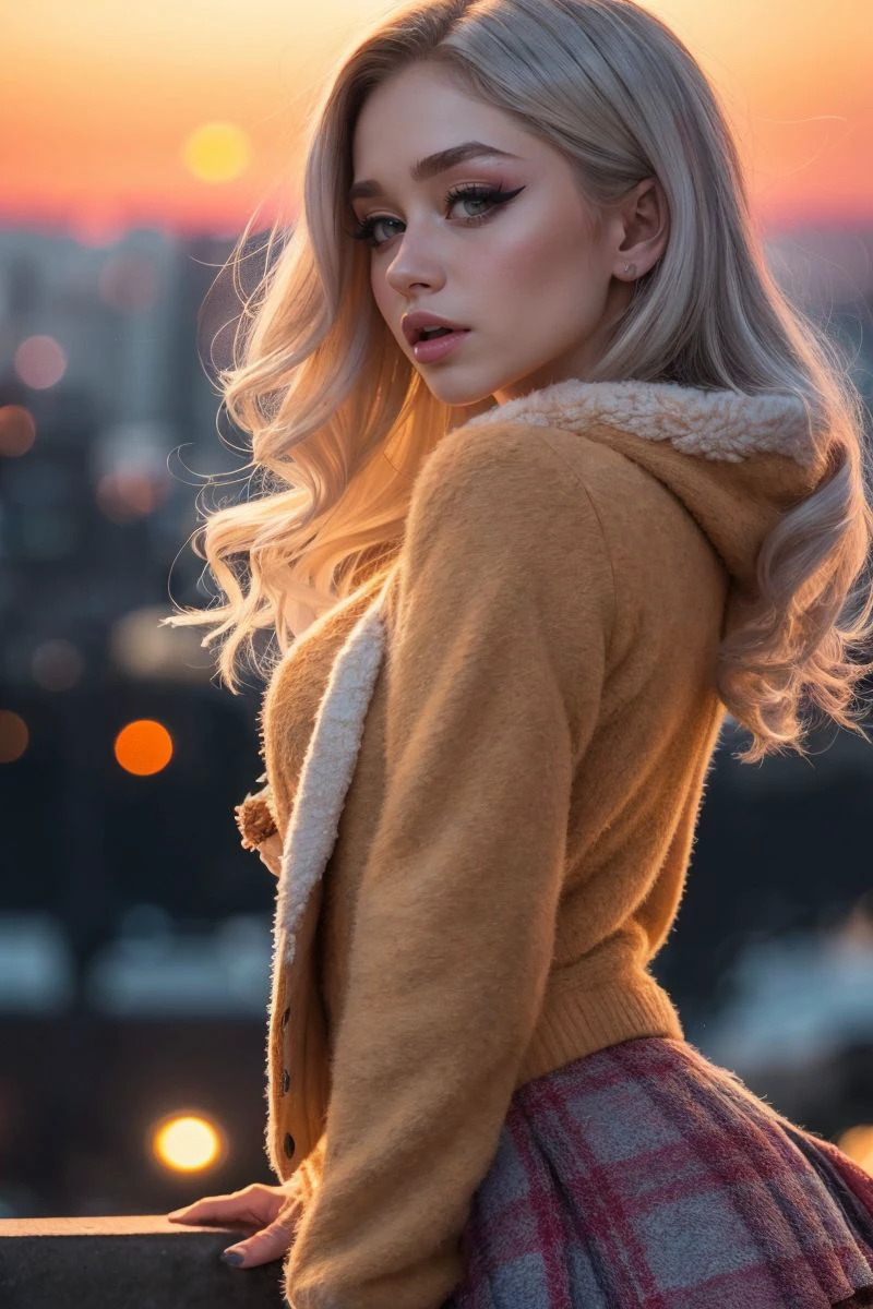 photo of S380_ScarlettHampton,a stunning woman,in a (city:1.1),wearing a (fuzzy jacket:1.1),(skirt),(sunset),(4k, RAW photo, best quality, 35mm, depth of field, ultra high res:1.1),(intricate, photorealistic, cinematic-shot, masterpiece, ultra-detailed:1.1),
