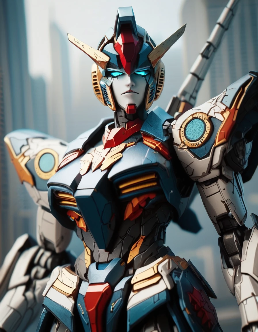 gunpla, score_9, score_8_up, score_7_up, score_6_up, score_5_up, 3d render, ((masterpiece)), digital anime, Gundam, painted like (Marina Sirtis:0.8), glossy metal, shining metal, mechanical face,  ruined city background