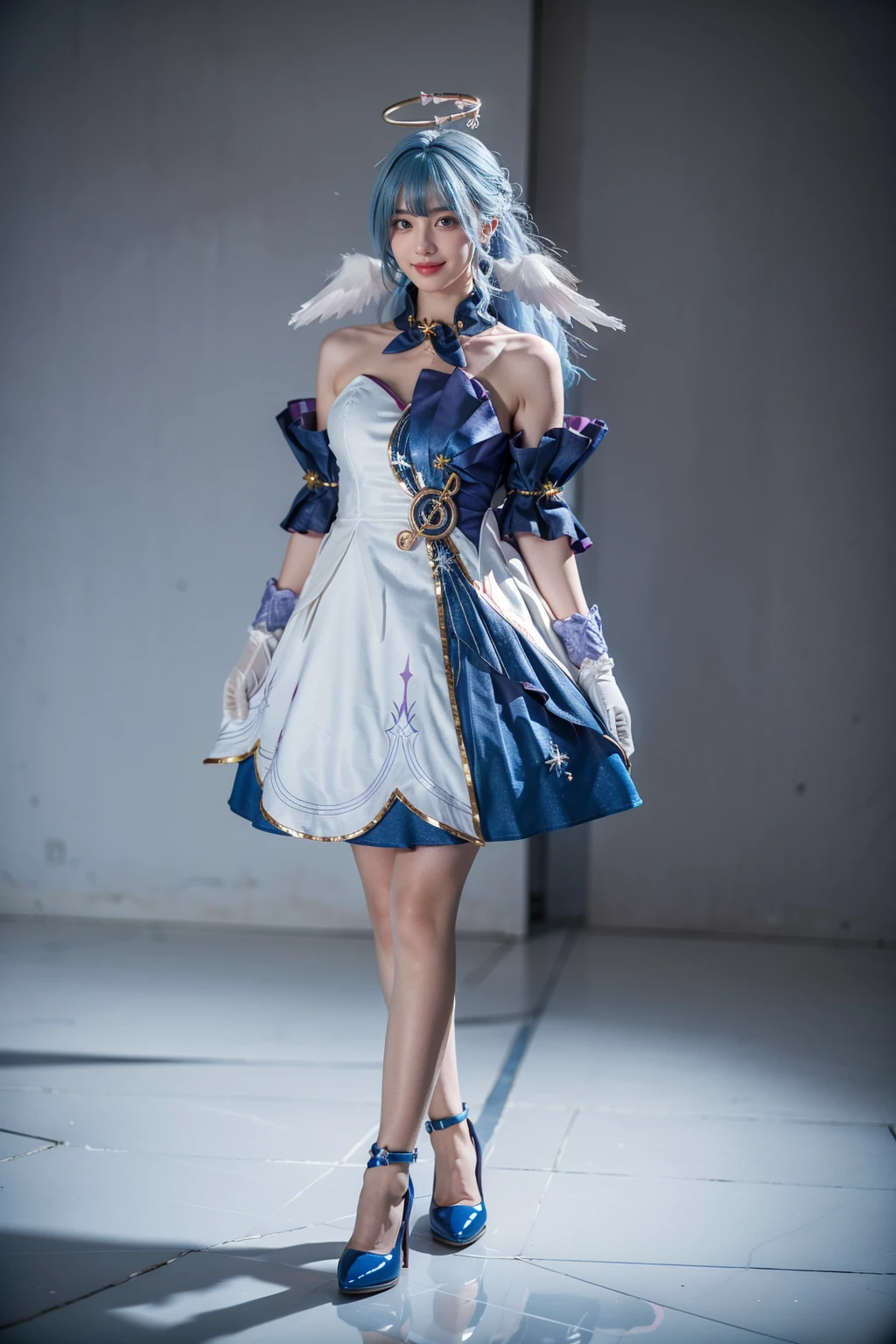 best quality, masterpiece, realistic, photorealistic, 1girl, solo, looking at viewer, smile, standing, full body, arms at side, robin cosplay costume, cosplay, blue hair, long hair, dress, asymmetrical dress, strapless dress, detached sleeves, detached collar, head wings, feathered head wings, angel halo, halo, bare shoulders, gloves, treble clef symbol, music symbol, jewelry, high heels, blue high heels , grey background, <lora:Honkai_StarRail_Robin_cosplay_costume_v1:0.7>