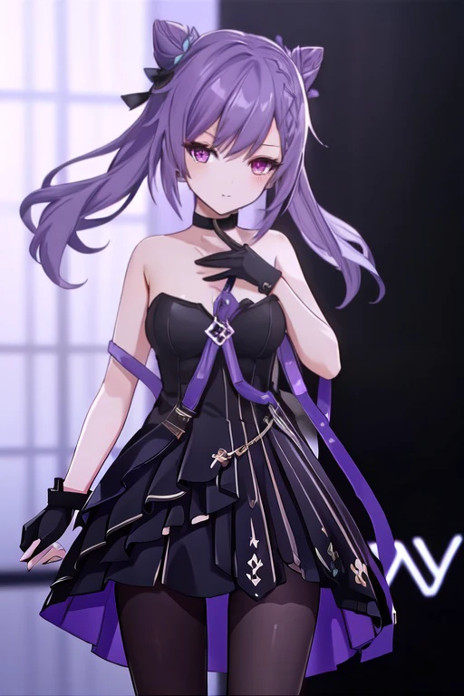 1girl, dress, gloves, pantyhose, hair bun, solo, strapless, black dress, purple hair, looking at viewer, oneplus, masterpiece, high resolution, ultra detailed, perfect hands, perfect anatomy,