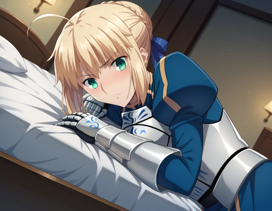 score_9, score_8_up, score_7_up, source_anime,
artoriapendragon, <lora:artoria-pendragon-hf-ponyxl-lora-nochekaiser:1>,
artoria pendragon, artoria pendragon \(fate\), saber, blonde hair, green eyes, ahoge, sidelocks,
hair bun, single hair bun, braid, dress, ribbon, hair ribbon, armor, gauntlets, armored dress,
indoors, bed, bed room, on side, blush, drunk,
looking at viewer, dutch angle,