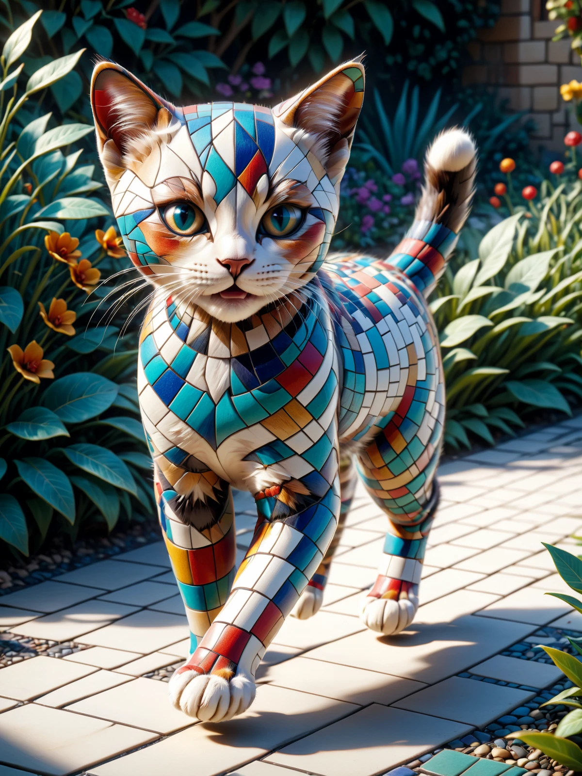 colorful mad-mosaic-sdxl-v2 kitten running through garden, cinematic shot, detailed illustration <lora:Colorful_Mosaic_SDXL_v2:0.8>, (masterpiece:1.2), best quality