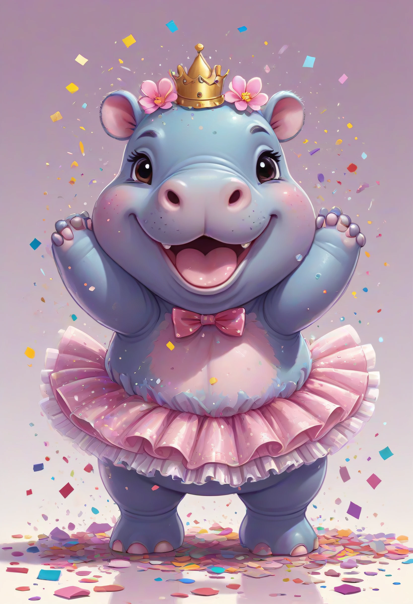 kawaii style hippopotamus, standing up, wearing a tutu, hands together, shy smile, buttles, confetti, . cute, adorable, brightly colored, cheerful, anime influence, highly detailed