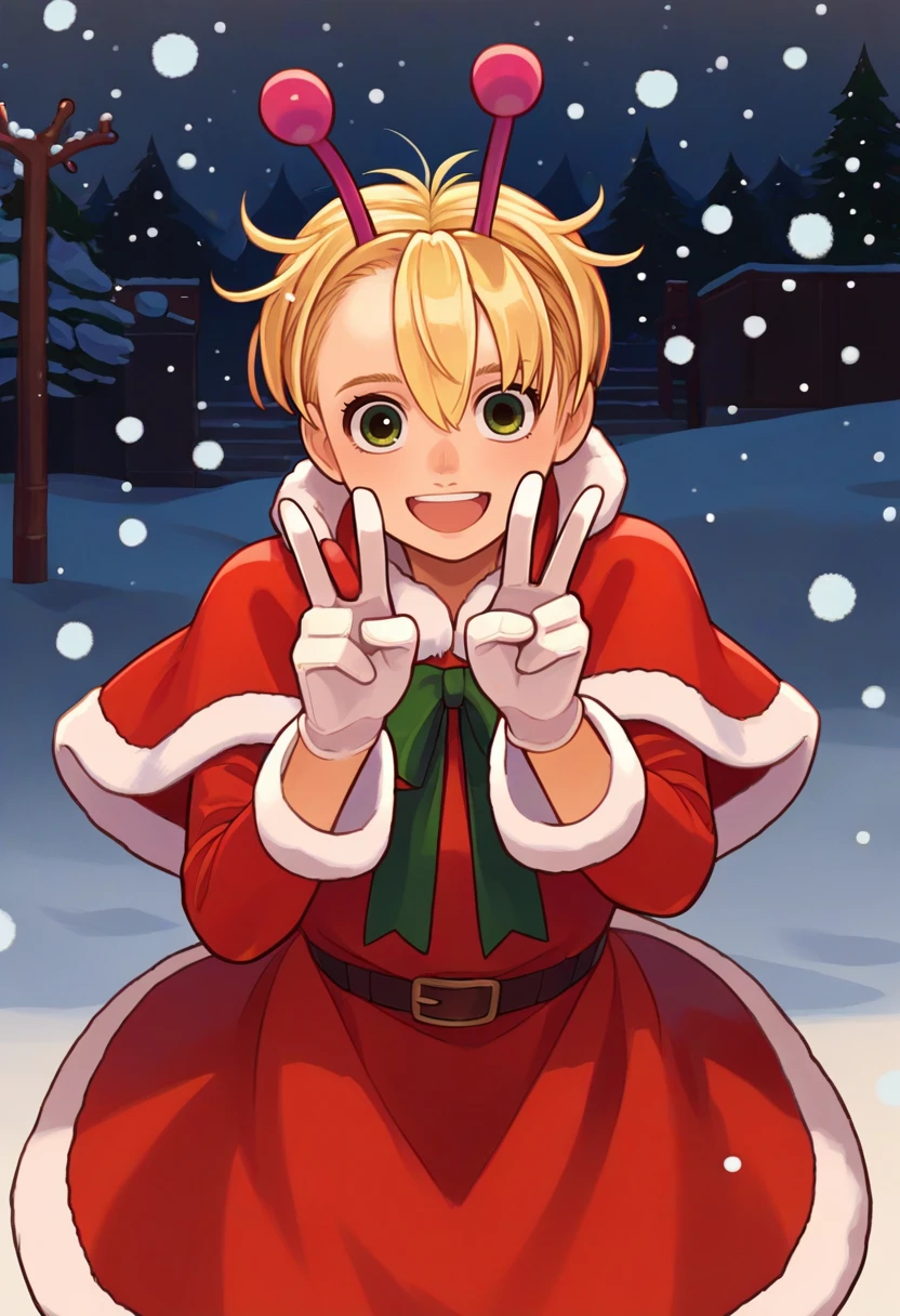 score_9, score_8_up, score_7_up, source_anime, solo, 1girl, bamora, happy, looking at viewer, double v, blonde hair, antennae, green eyes, christmas, red capelet, red dress, fur-trimmed dress, long sleeves, white gloves, snowing, outdoors <lora:dandadan_bamora_ponyXL:1>