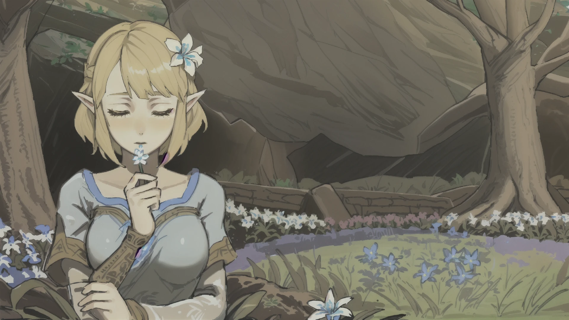 <lora:SilentPrincessBotW:0.7> SilentPrincessBotW, flower, garden, flower field, flower focus, <lora:FionaHauntingGround:0.8> FionaHauntingGround, 1girl, blonde hair, short hair